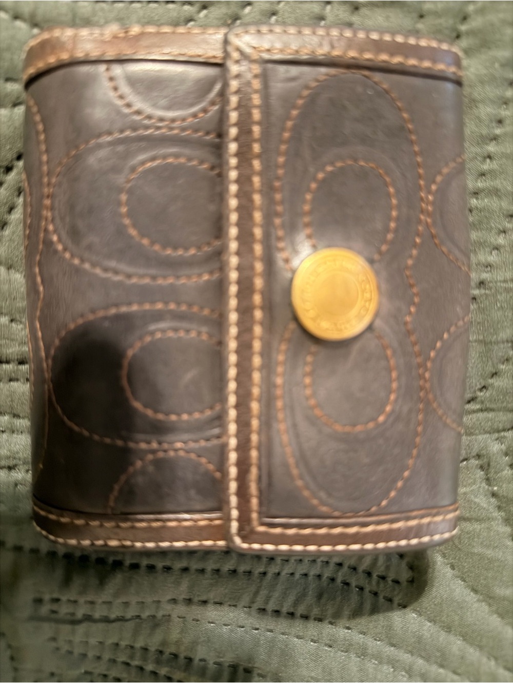 Coach Dark Brown Leather Trifold Wallet with Gold-Tone Snap